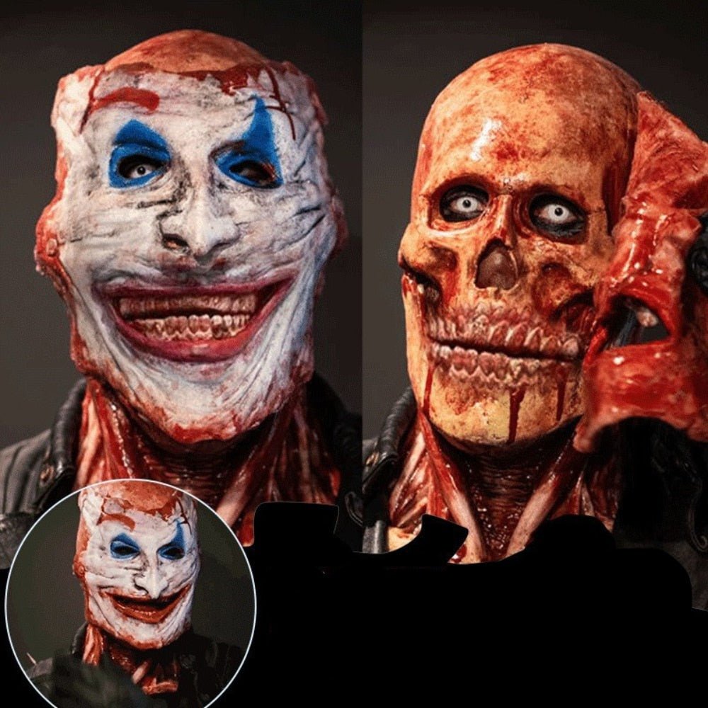 Two-Layer Halloween Mask, Clown Face over Moving-Jaw Skull