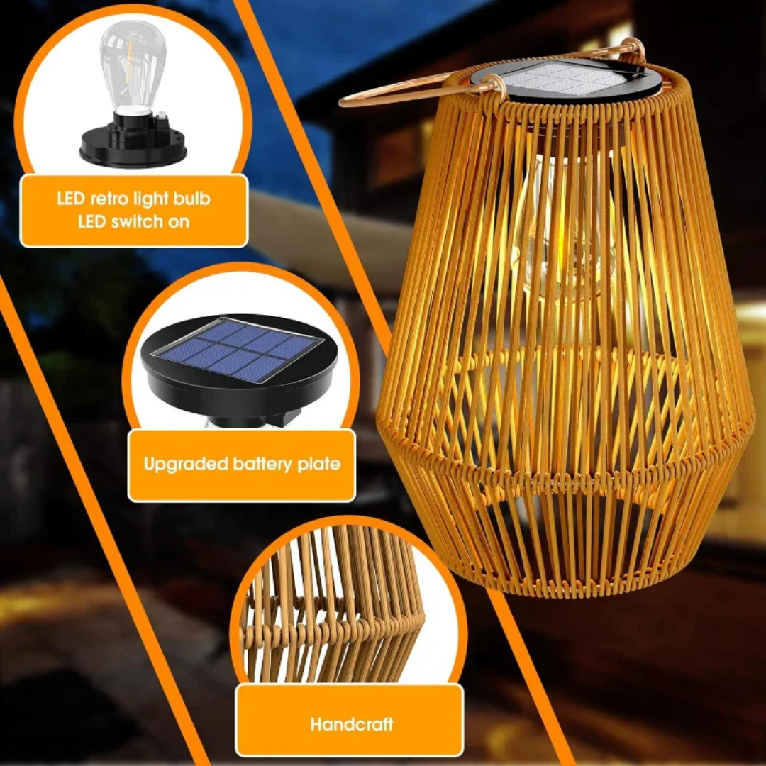 Hand-Woven Rattan Solar Garden Lantern, Waterproof LED
