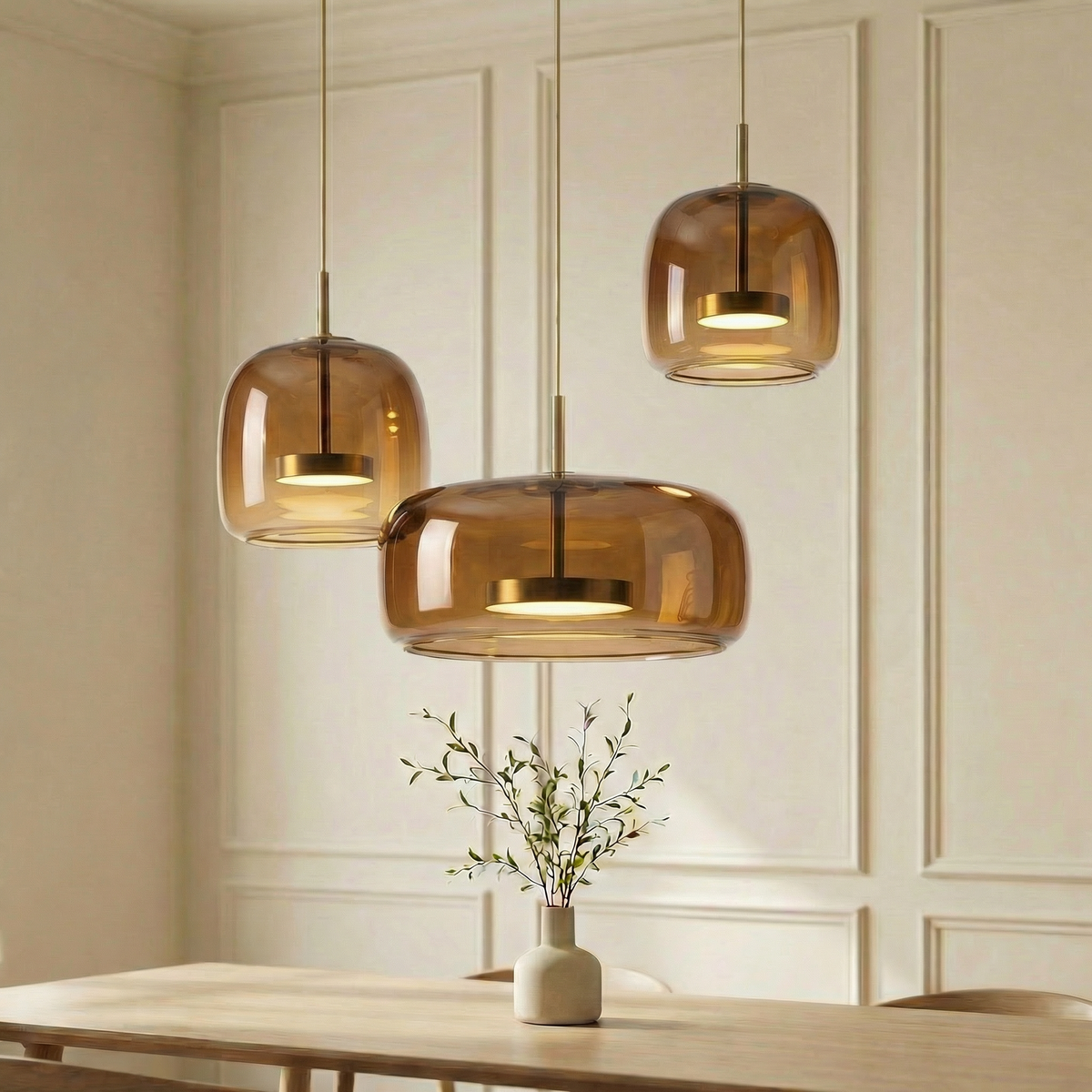 Scandinavian Glass Dome Pendant Light in Amber or Grey, 15 or 25cm