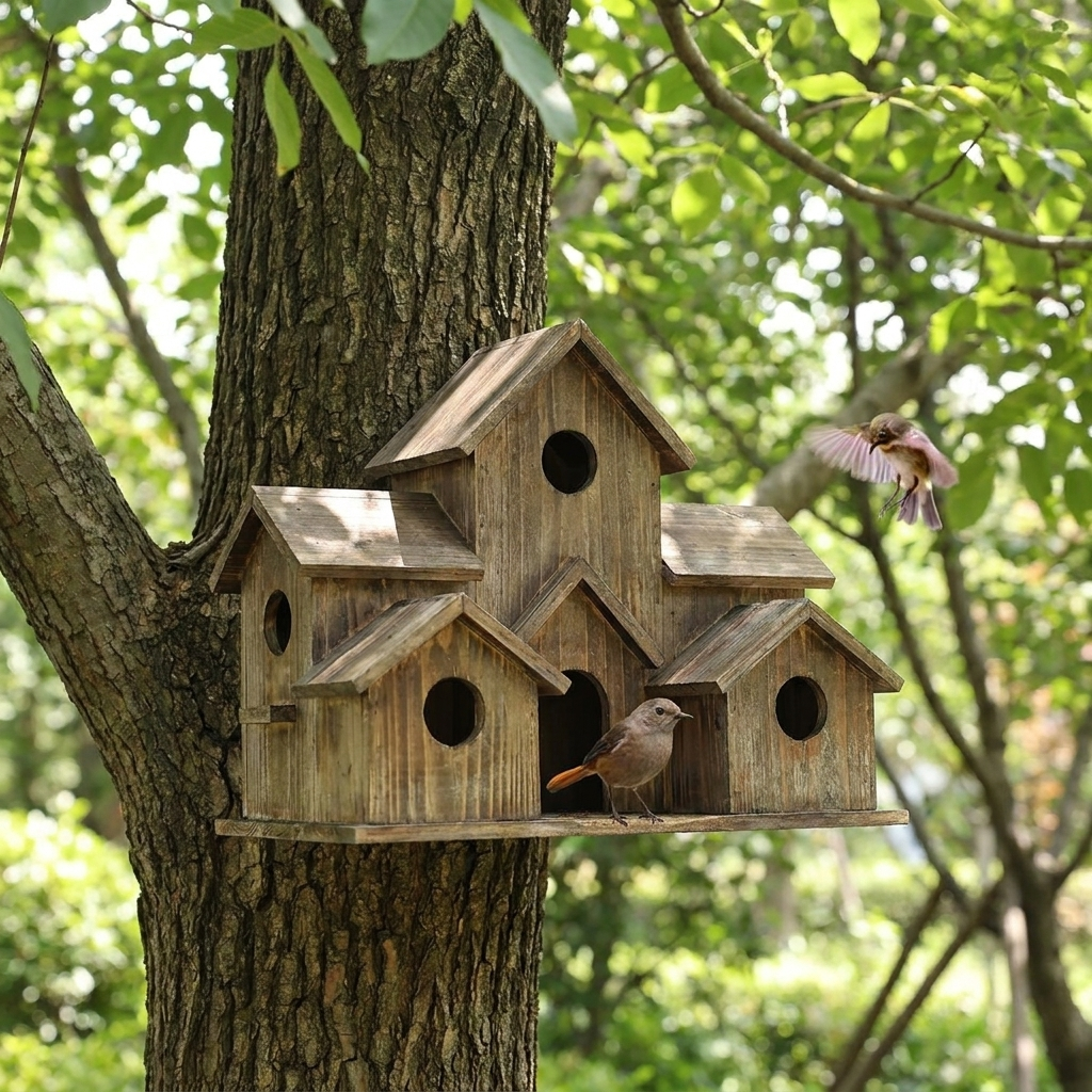 Handmade Wooden Bird House with 6 Nesting Chambers