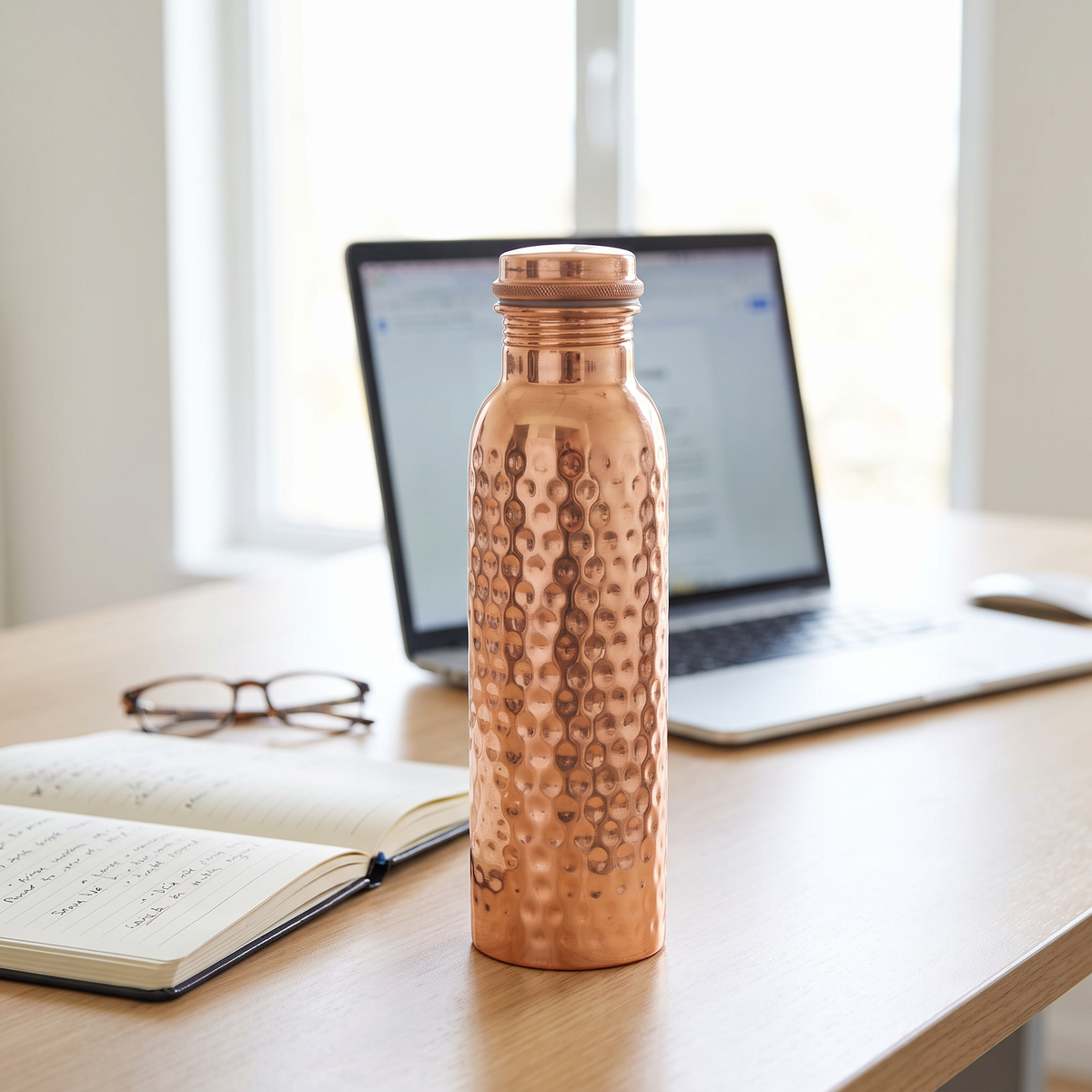 Hammered Pure Copper Water Bottle, 800ml, Leak-Proof