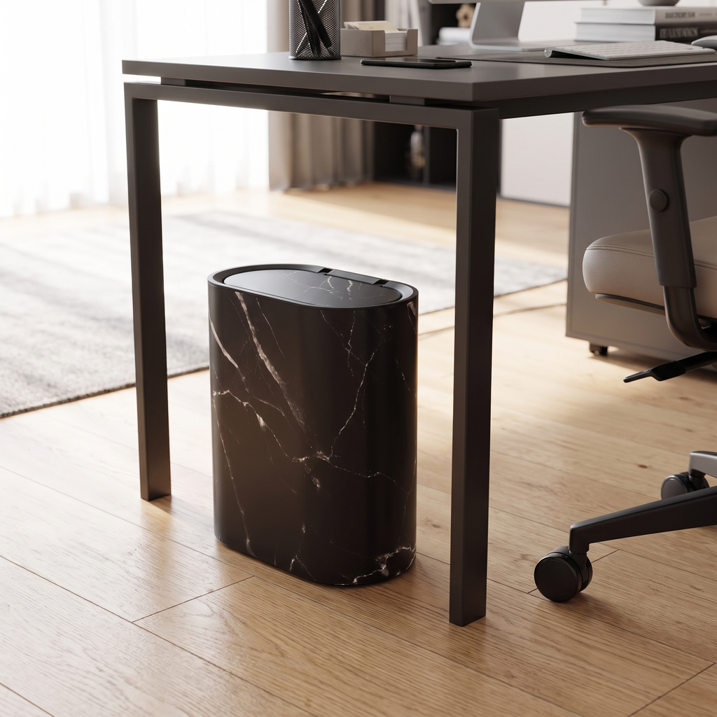 Oval Desk Bin with Lid, 29 x 29 x 14.5 cm, Marble Look