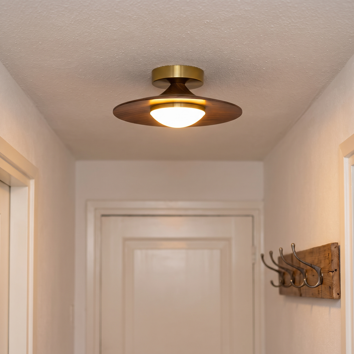 Low Profile Flush Ceiling Light, Walnut and Gold, 23.9 cm