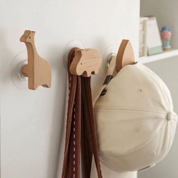 Wooden Animal Wall Hooks, Self-Adhesive or Screw Fixing