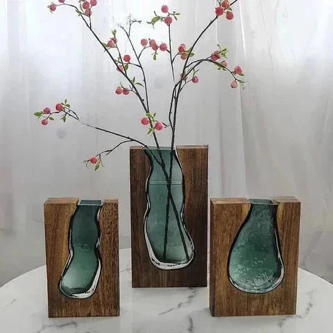 Wooden Vase with Glass Insert for Flowers and Display