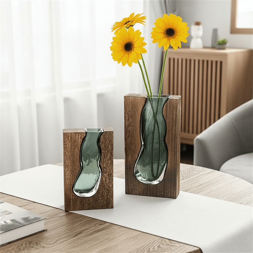 Wooden Vase with Glass Insert for Flowers and Display