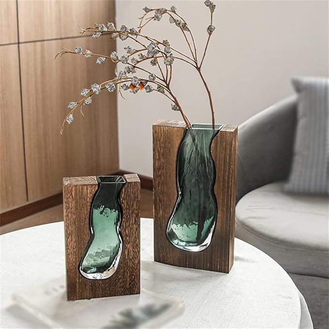 Wooden Vase with Glass Insert for Flowers and Display