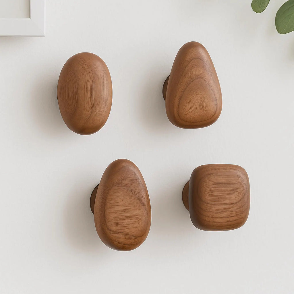 Solid Wood Pebble Wall Hooks, Handmade Set of 4