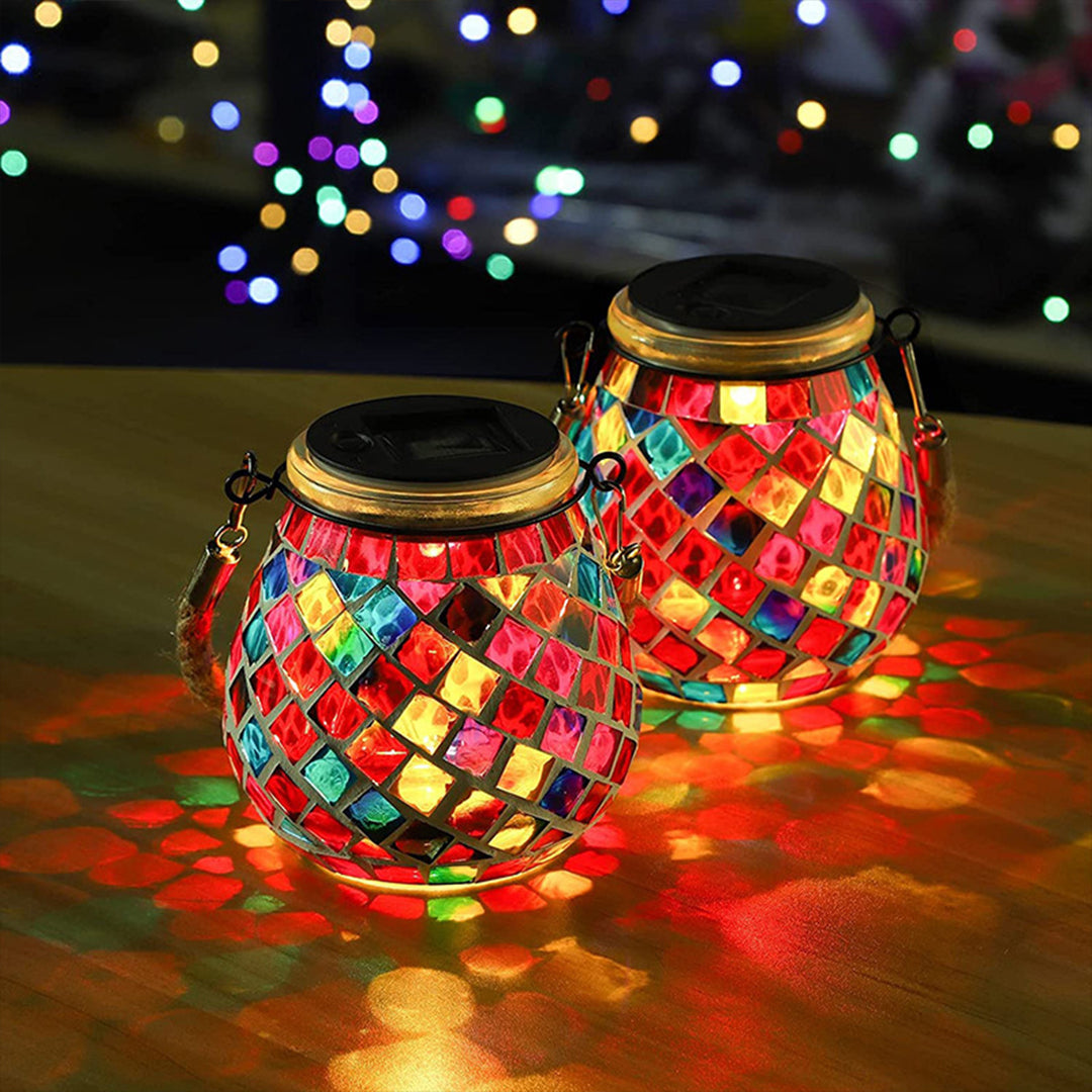 Solar Mosaic Glass Lantern with Coloured Light Effect, IP65