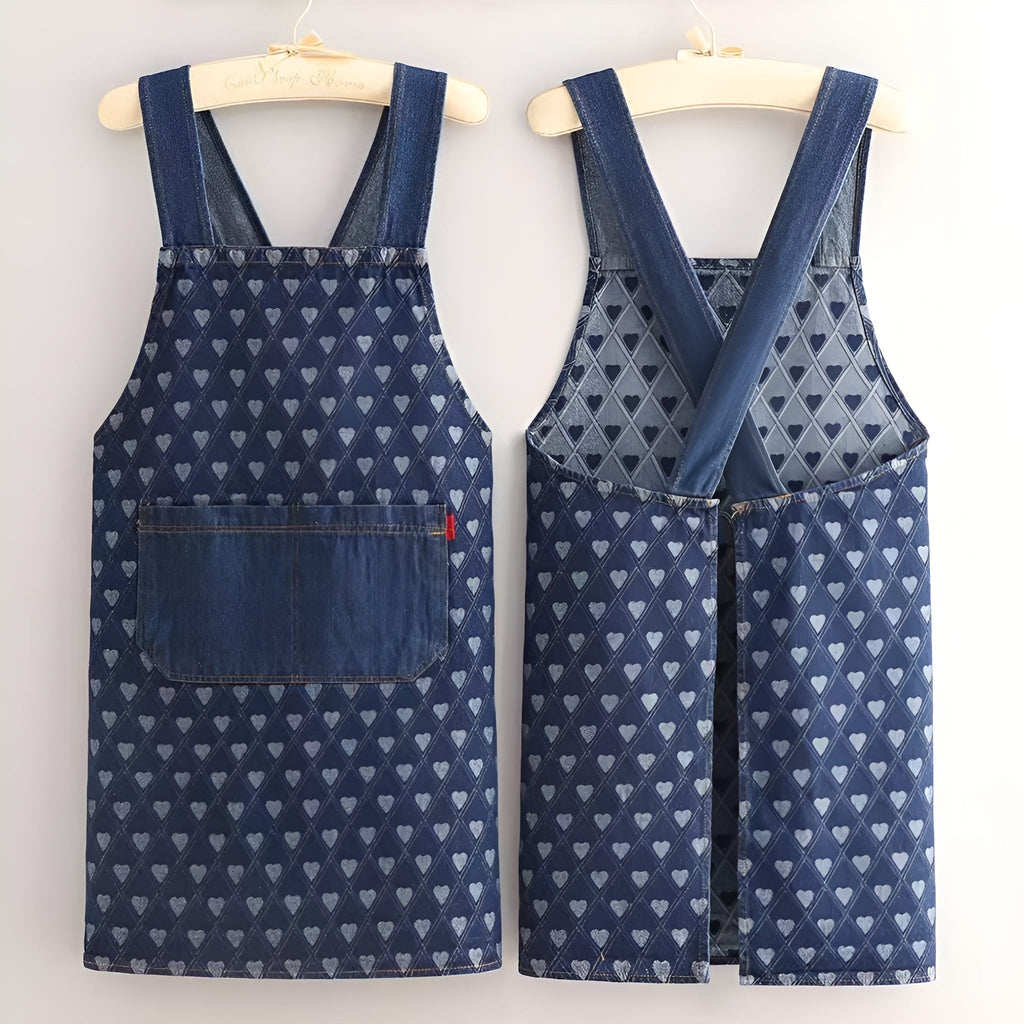 Cross-Back Kitchen Apron in Denim-Style Polyester, Unisex