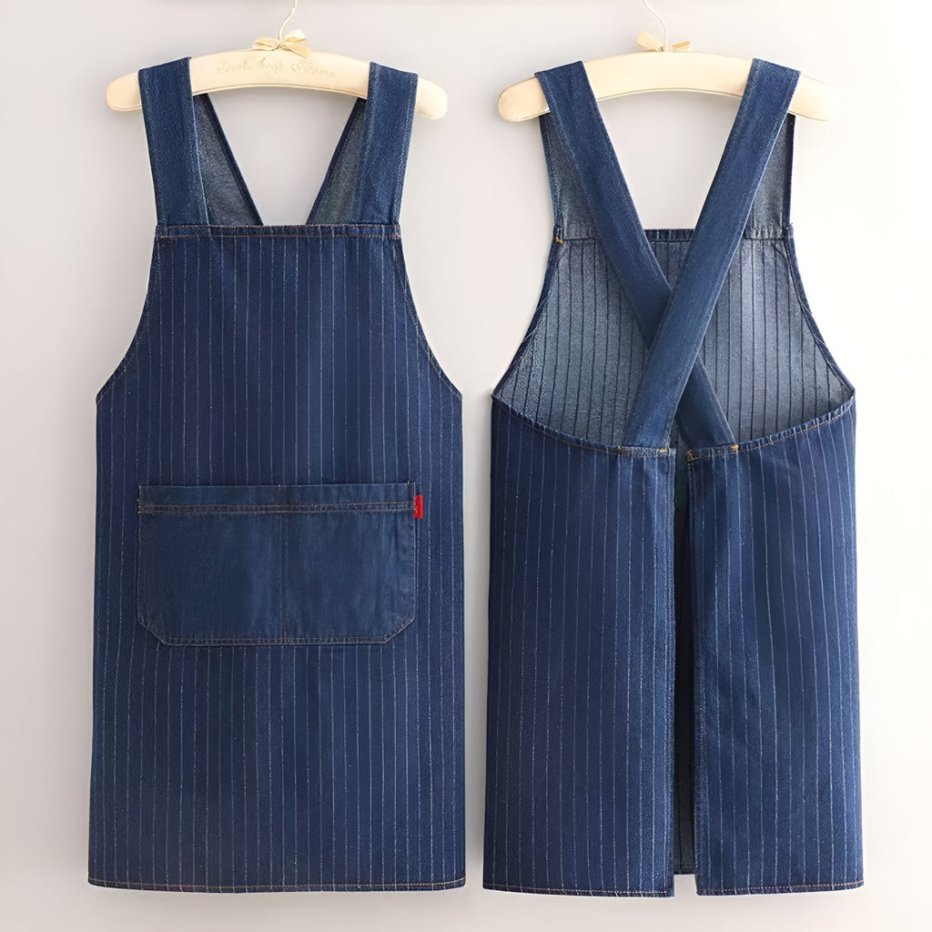 Cross-Back Kitchen Apron in Denim-Style Polyester, Unisex
