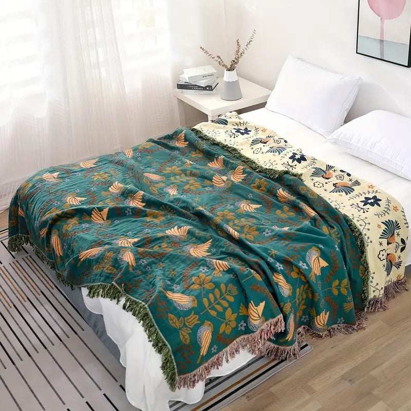 Reversible Cotton Throw with Birds and Botanical Pattern