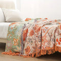 Cotton Throw with Boho Floral Pattern and Fringed Edges
