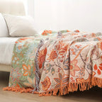 Cotton Throw with Boho Floral Pattern and Fringed Edges