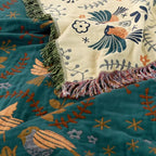 Reversible Cotton Throw with Birds and Botanical Pattern