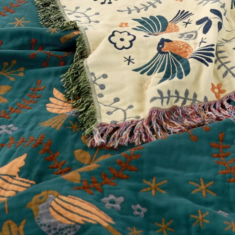 Reversible Cotton Throw with Birds and Botanical Pattern