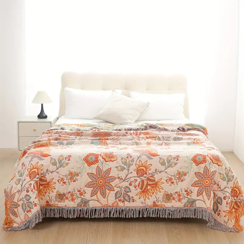 Cotton Throw with Boho Floral Pattern and Fringed Edges