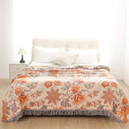 Cotton Throw with Boho Floral Pattern and Fringed Edges