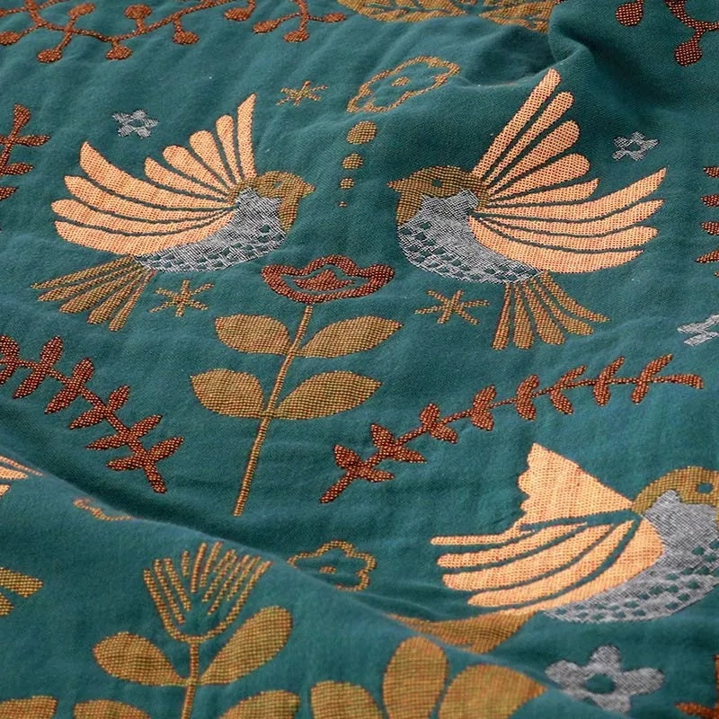 Reversible Cotton Throw with Birds and Botanical Pattern