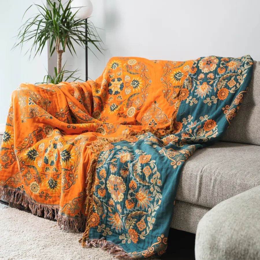 Reversible Cotton Gauze Throw, Floral Orange and Turquoise