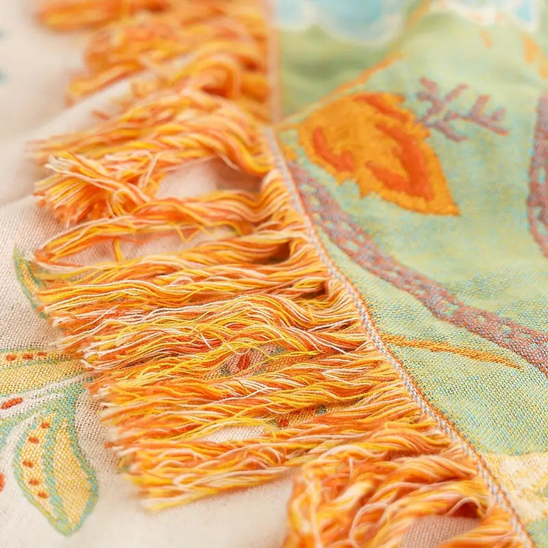 Cotton Throw with Boho Floral Pattern and Fringed Edges