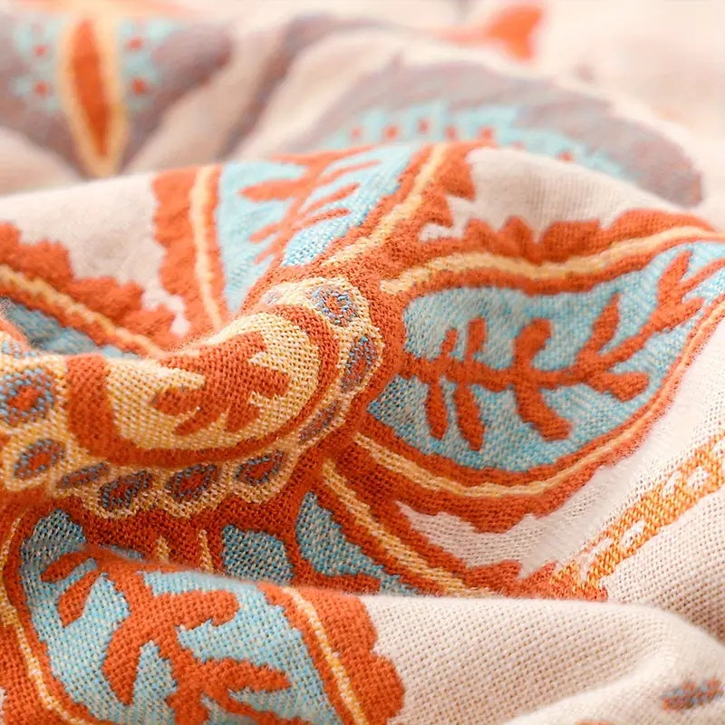 Cotton Throw with Boho Floral Pattern and Fringed Edges