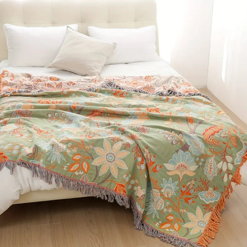 Cotton Throw with Boho Floral Pattern and Fringed Edges