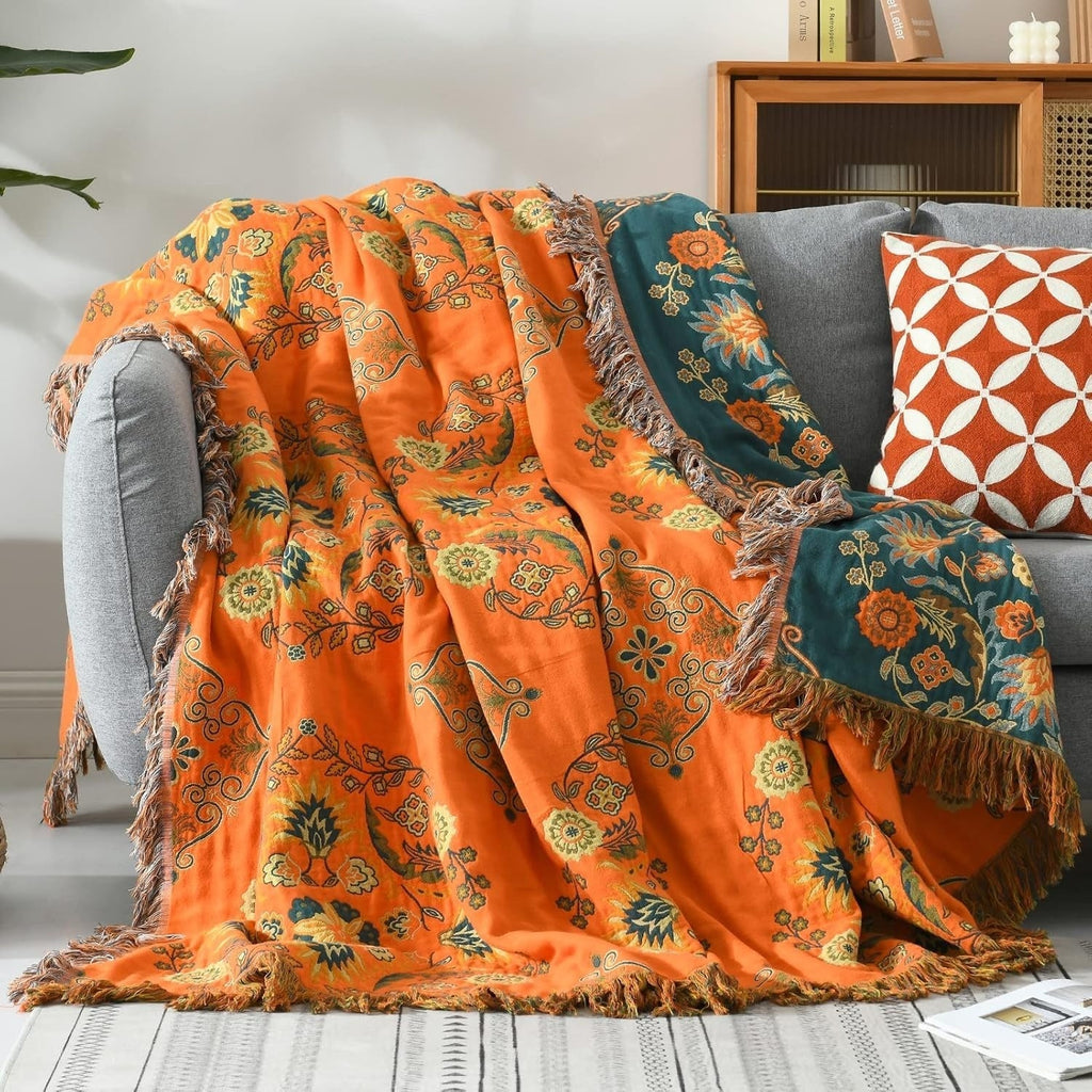 Reversible Cotton Gauze Throw, Floral Orange and Turquoise