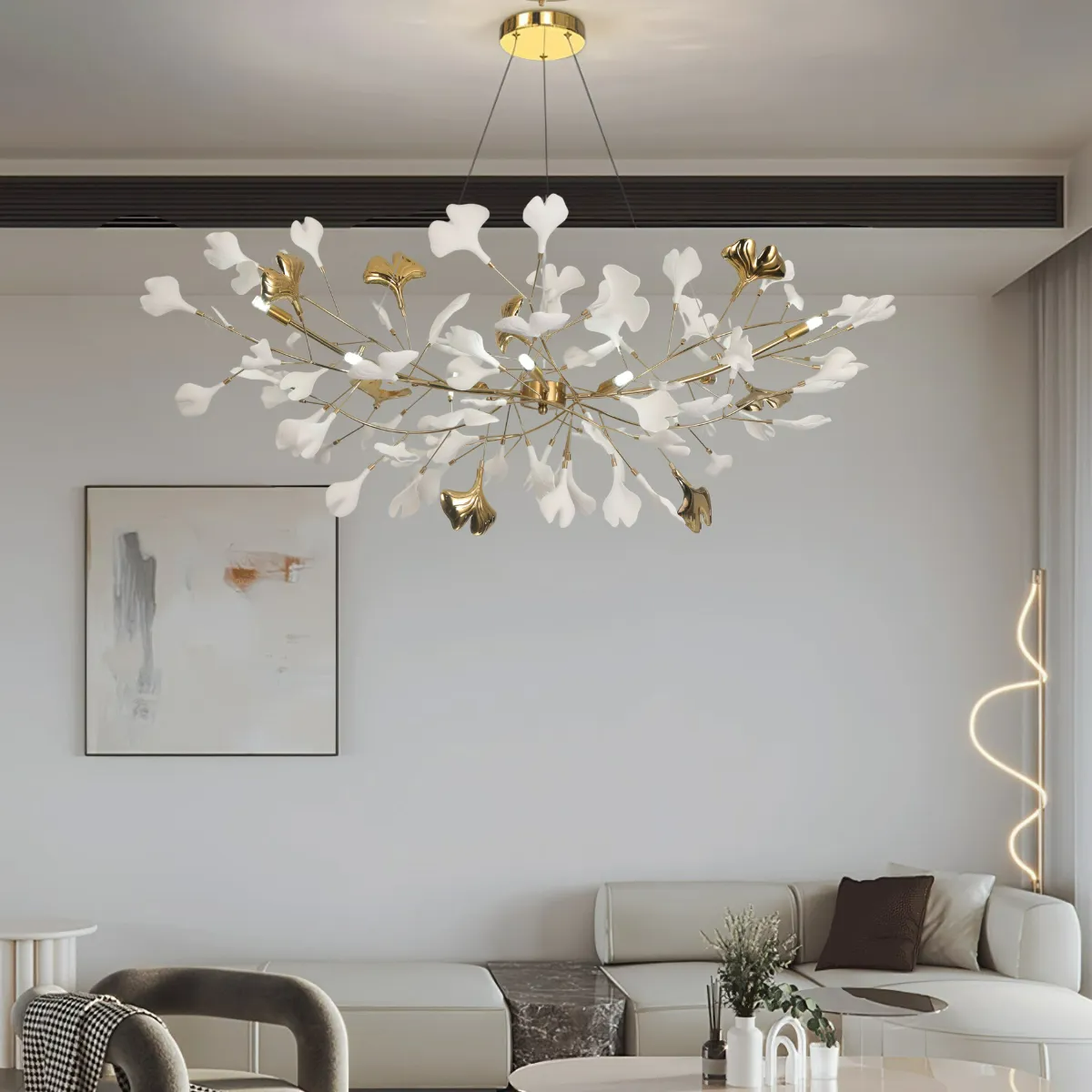 Ceramic Leaf U-Shaped Chandelier in Gold or Nickel, G9