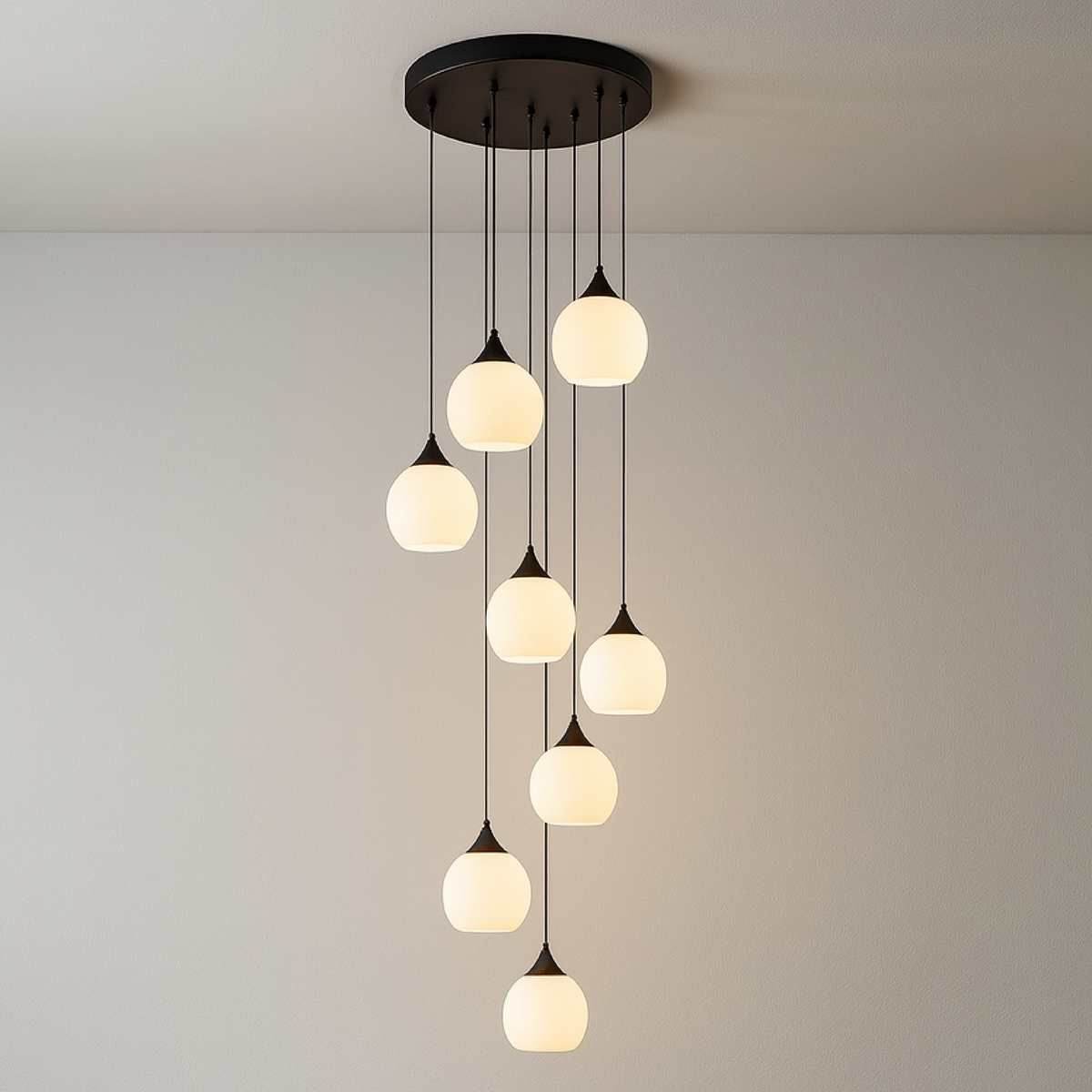 Tall Glass and Metal LED Staircase Chandelier in Black