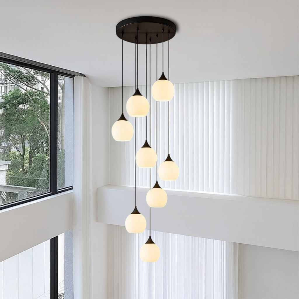 Tall Glass and Metal LED Staircase Chandelier in Black