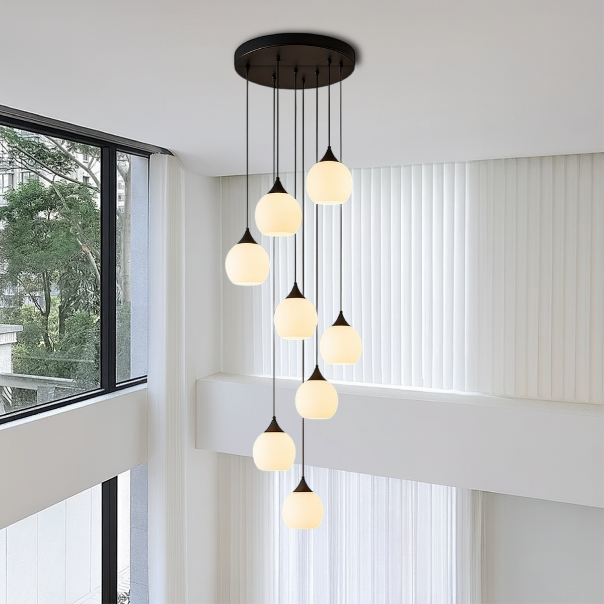 Tall Glass and Metal LED Staircase Chandelier in Black