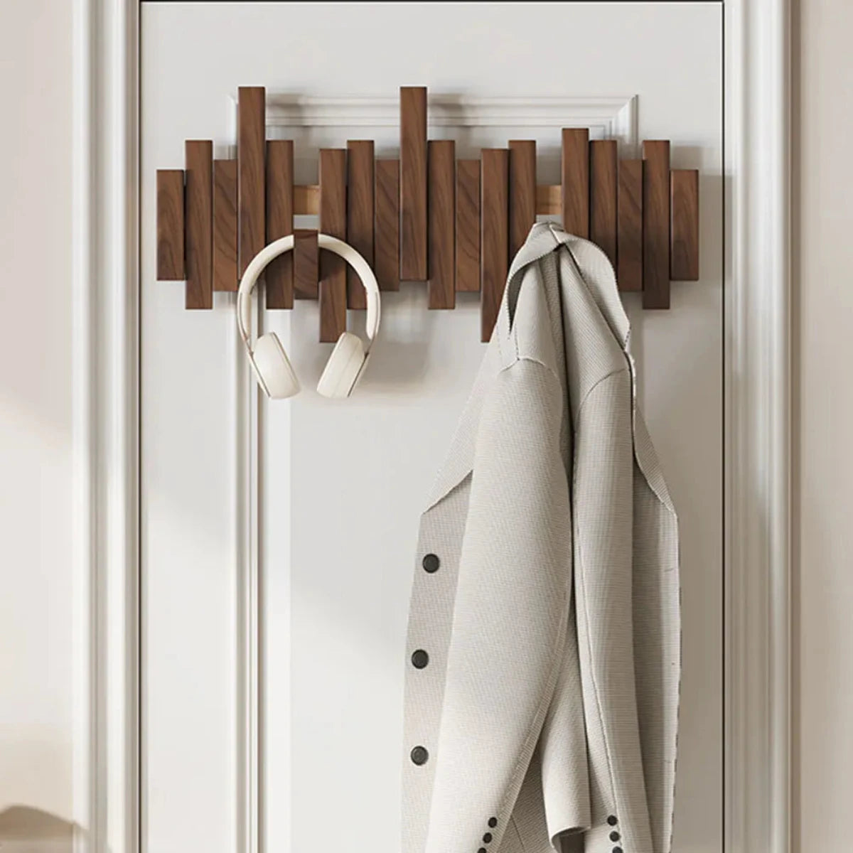 Piano Key Wall Coat Rack in Walnut or Beech with Folding Hooks