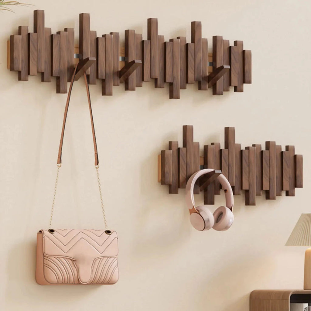 Piano Key Wall Coat Rack in Walnut or Beech with Folding Hooks