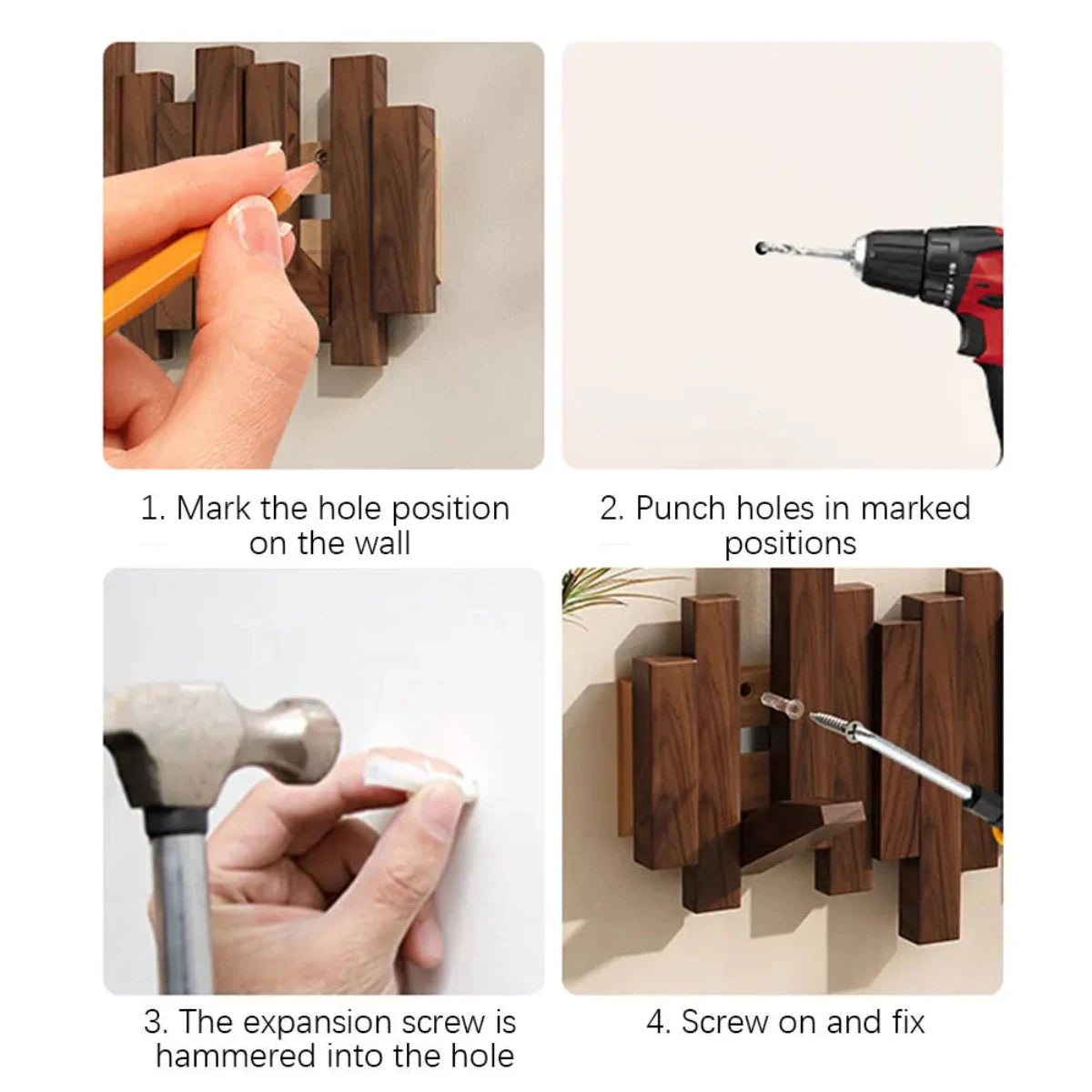 Piano Key Wall Coat Rack in Walnut or Beech with Folding Hooks