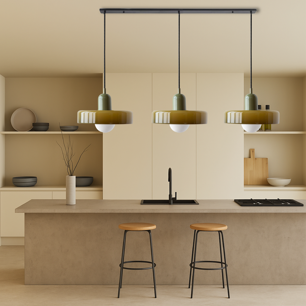3-Light Bauhaus Pendant Light with Coloured Glass Shades, G9