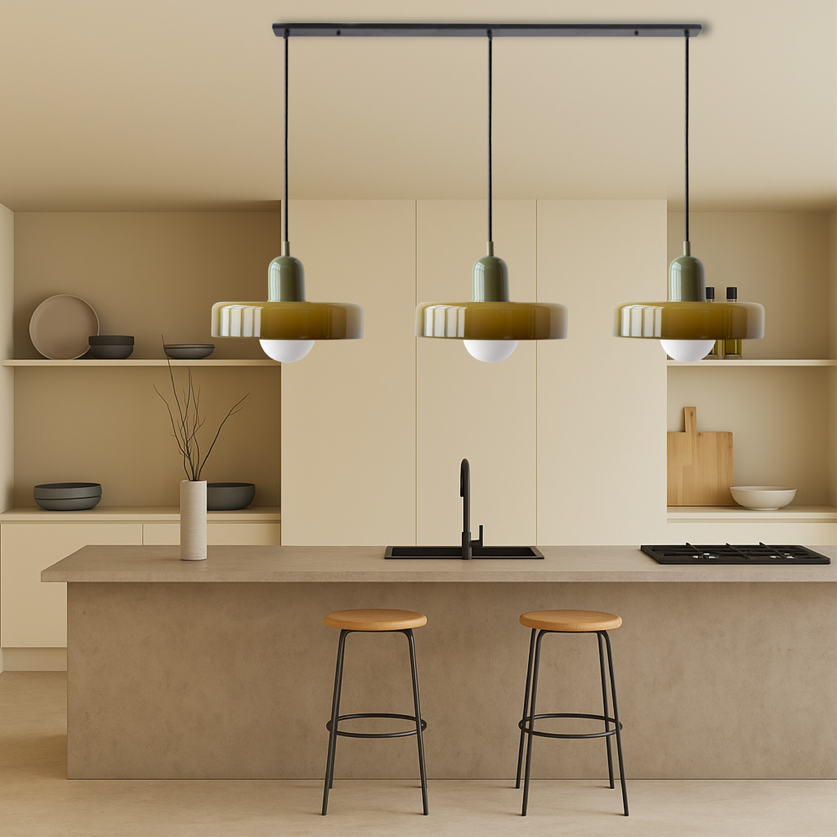 3-Light Bauhaus Pendant Light with Coloured Glass Shades, G9