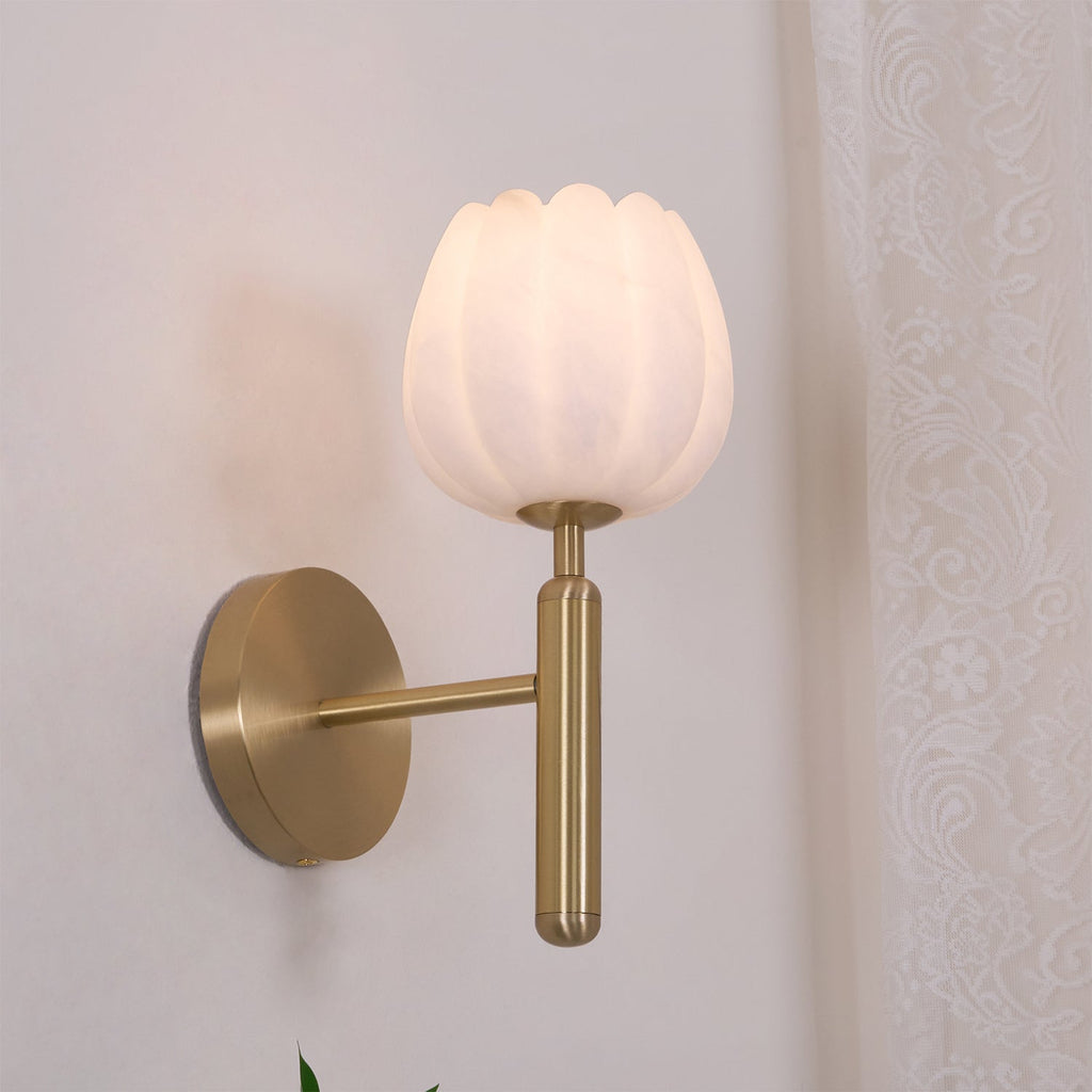 Art Deco Alabaster Flower Wall Light with Brass Frame