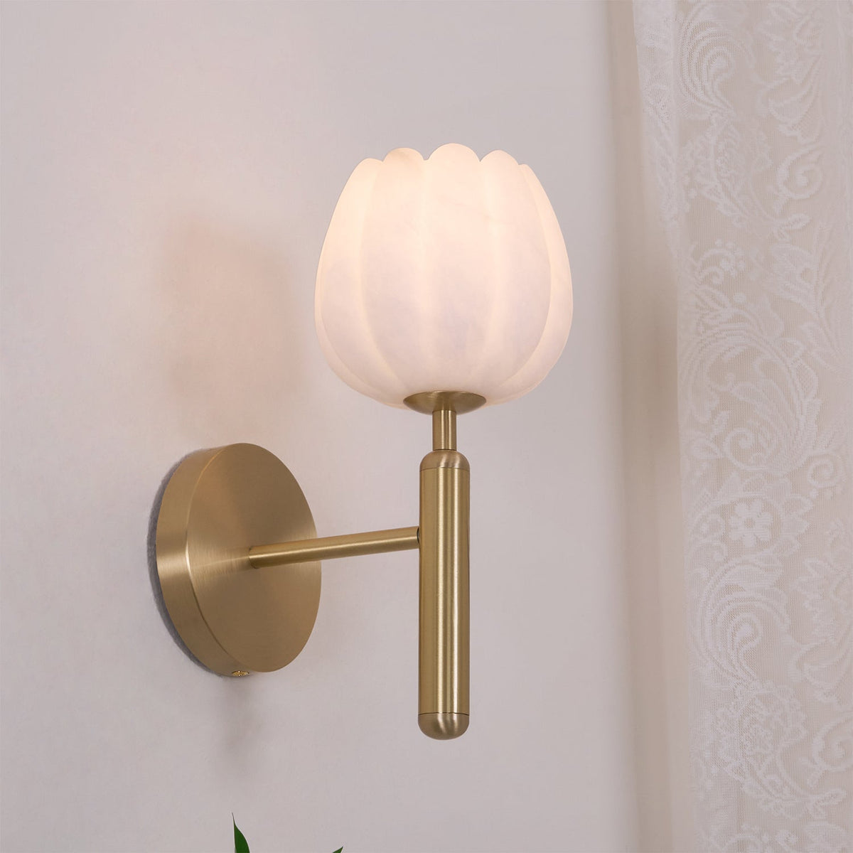 Art Deco Alabaster Flower Wall Light with Brass Frame