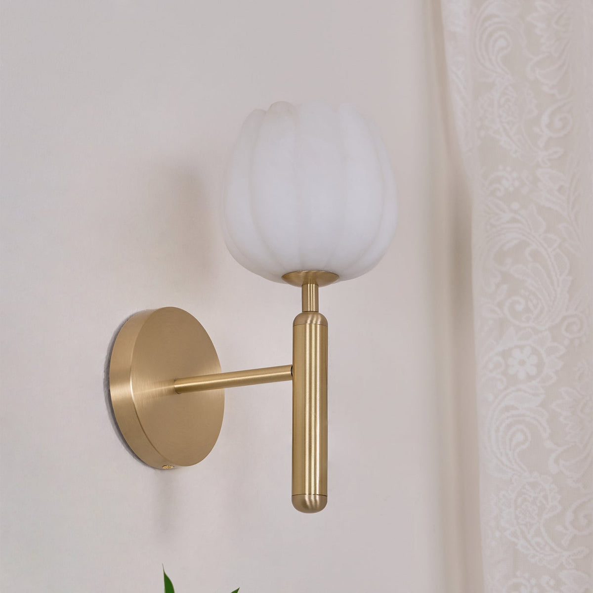 Art Deco Alabaster Flower Wall Light with Brass Frame