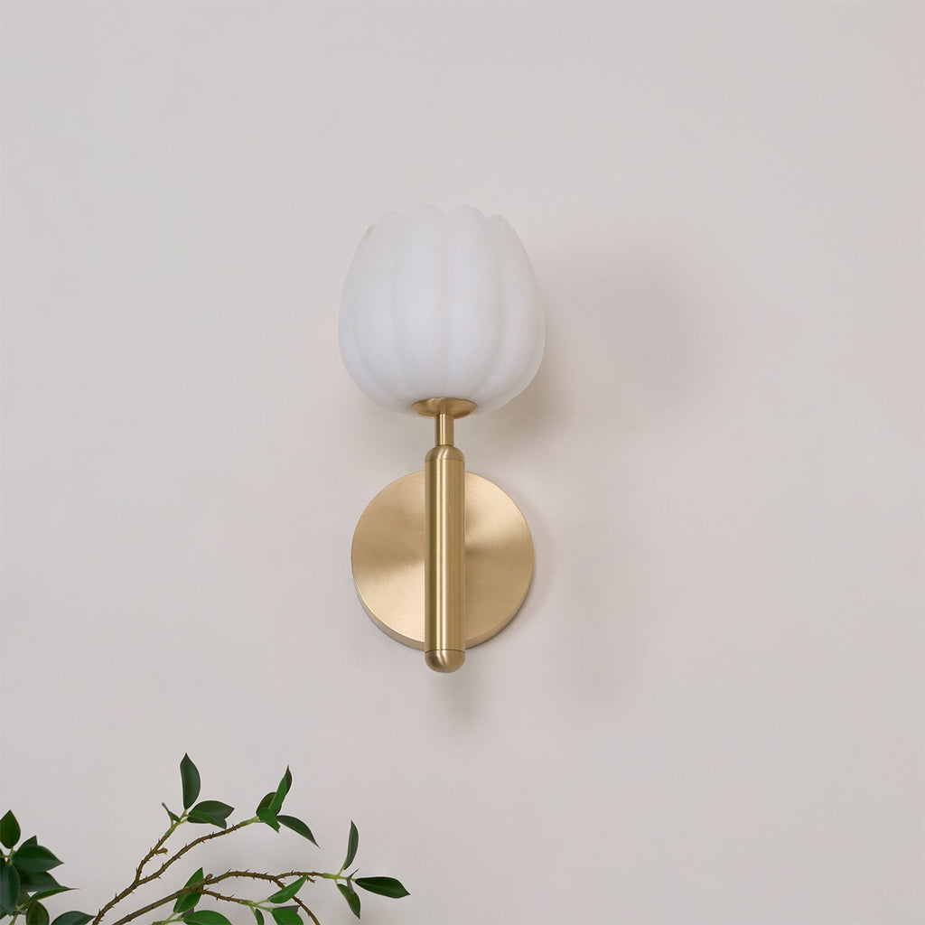Art Deco Alabaster Flower Wall Light with Brass Frame