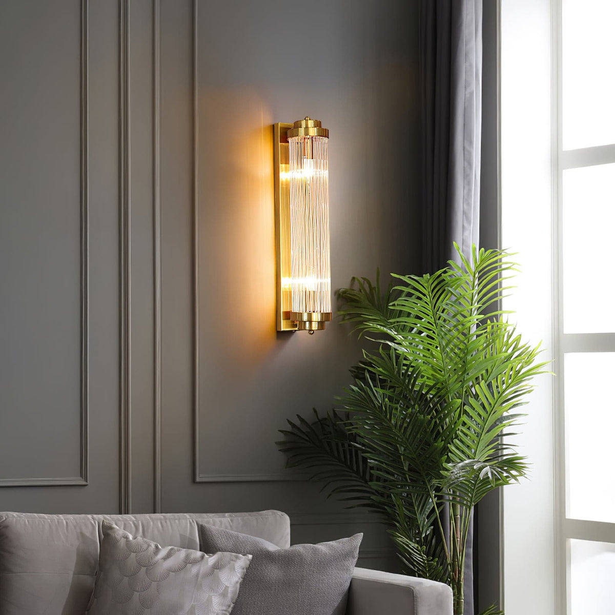 Art Deco Ribbed Glass Wall Light in Gold-Tone Frame