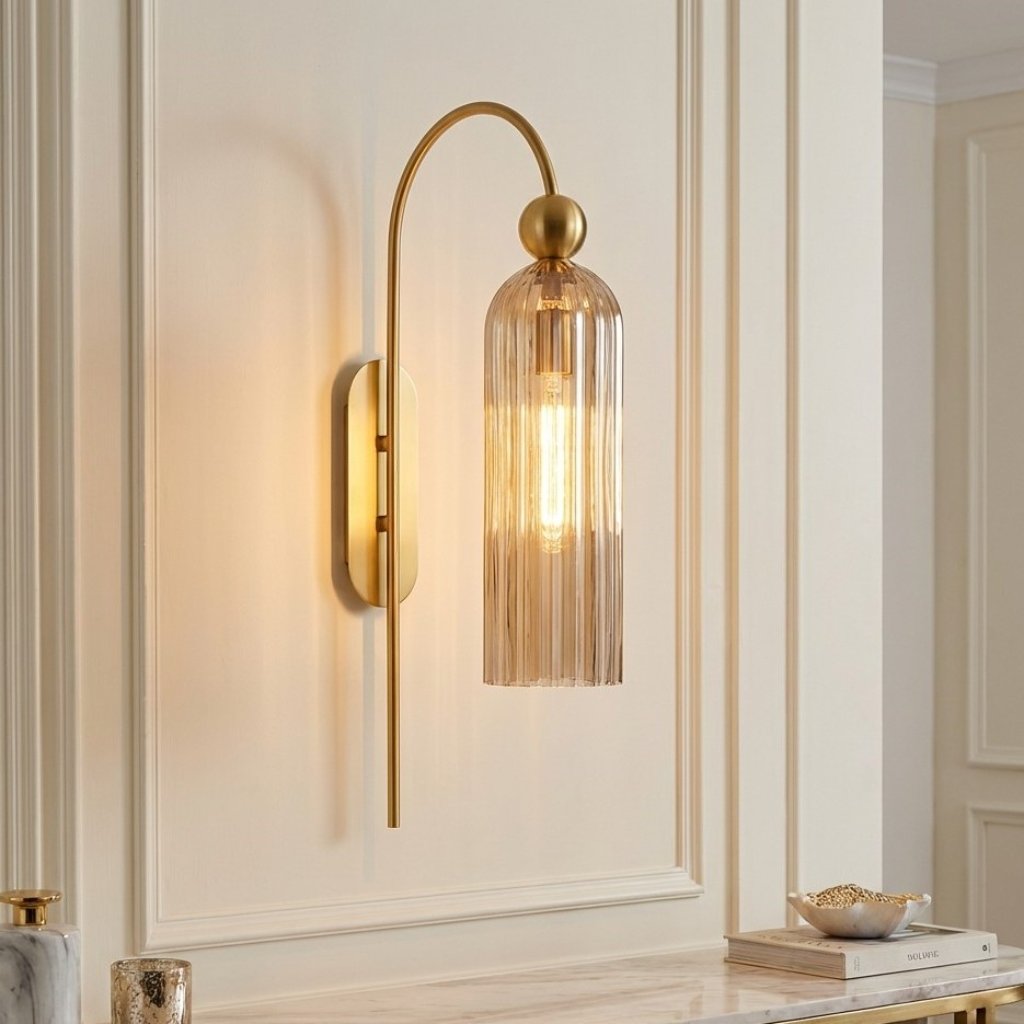 Art Deco Fluted Glass Wall Light with Gold Arc Frame