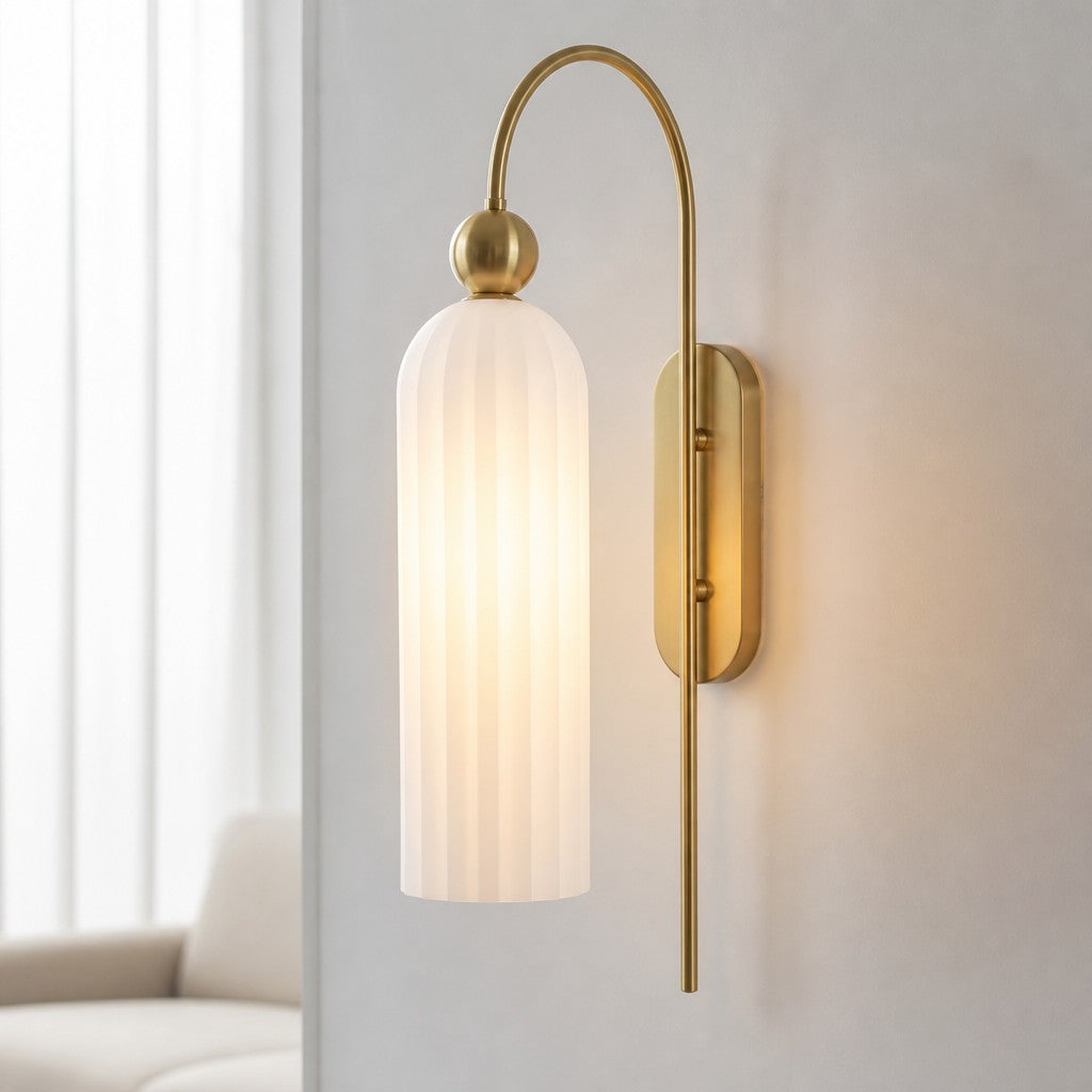 Art Deco Fluted Glass Wall Light with Gold Arc Frame