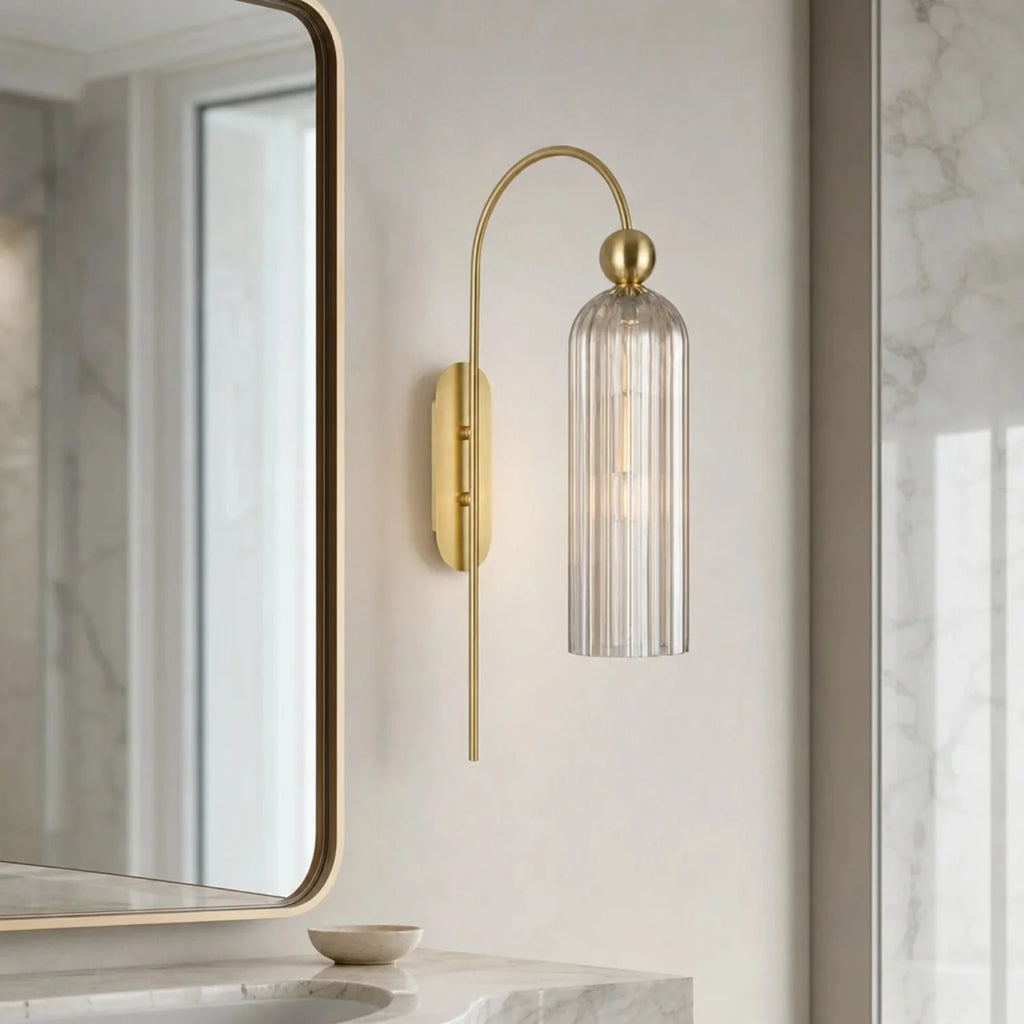 Art Deco Fluted Glass Wall Light with Gold Arc Frame