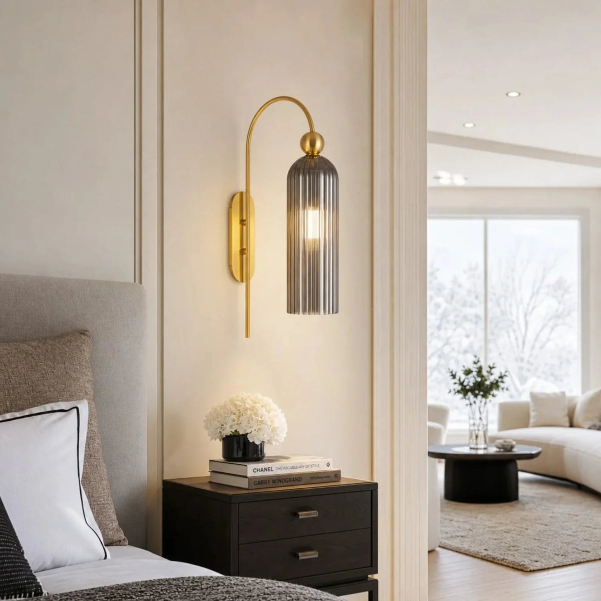 Art Deco Fluted Glass Wall Light with Gold Arc Frame