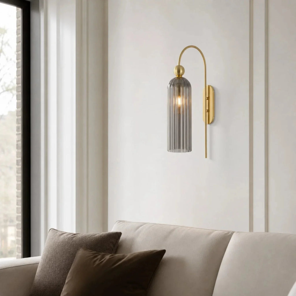 Art Deco Fluted Glass Wall Light with Gold Arc Frame