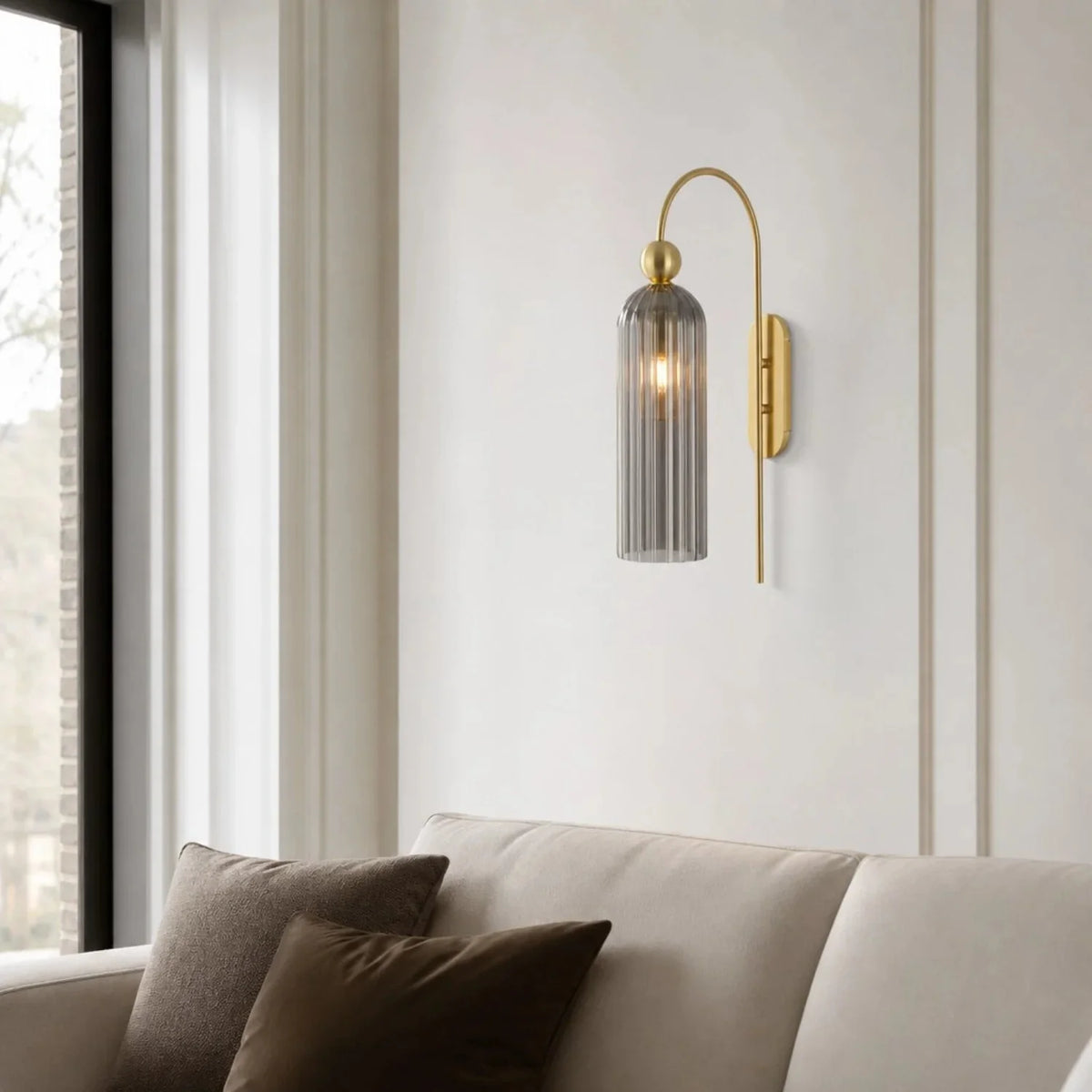 Art Deco Fluted Glass Wall Light with Gold Arc Frame