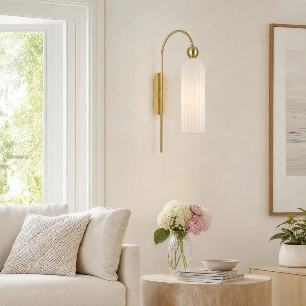 Art Deco Fluted Glass Wall Light with Gold Arc Frame