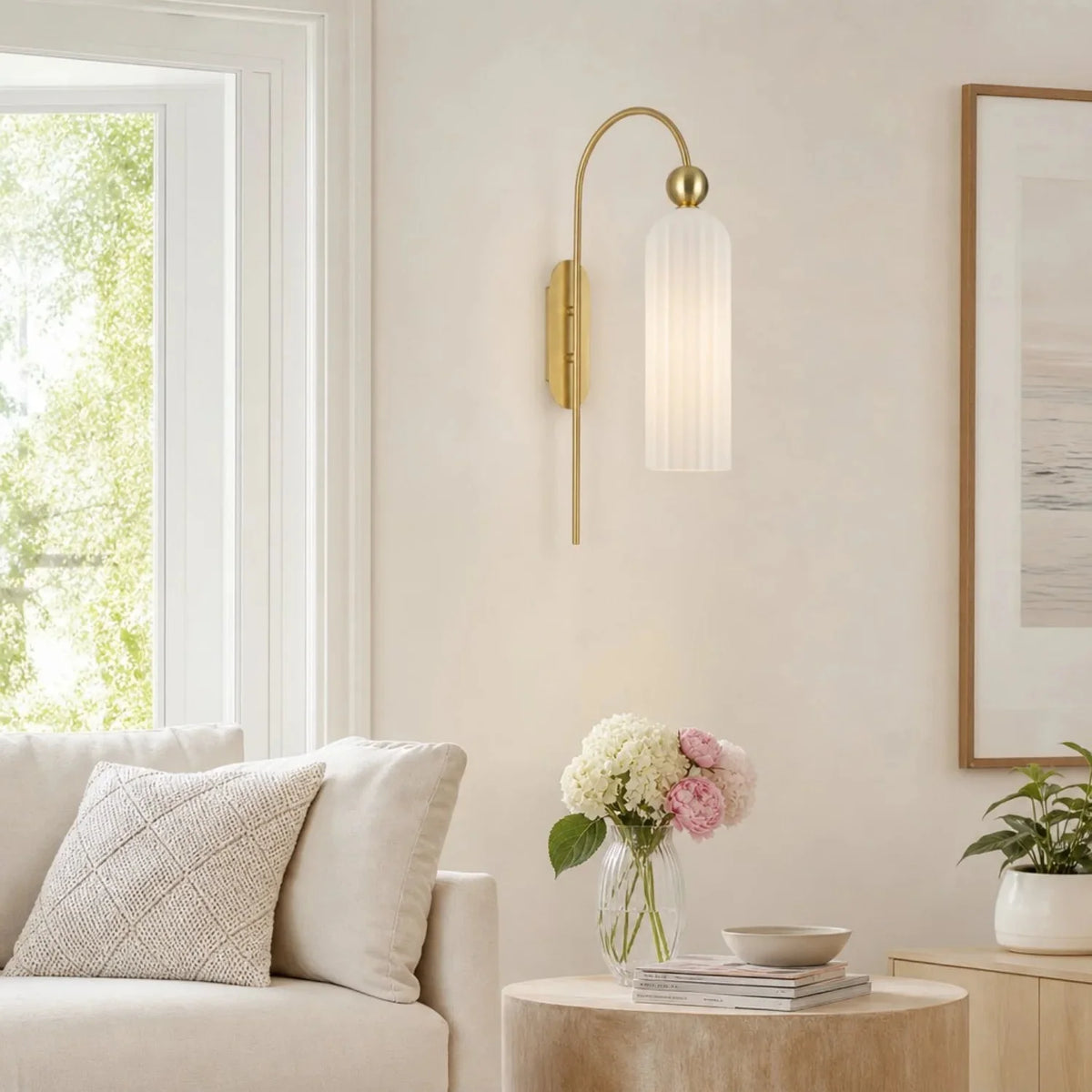 Art Deco Fluted Glass Wall Light with Gold Arc Frame